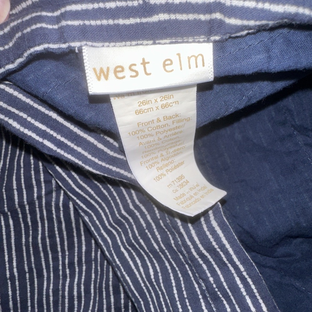 West Elm Nomad Quilted Euro Shams Pair Deep Sea Navy Blue Solid Stripe Bedding - Picture 4 of 4